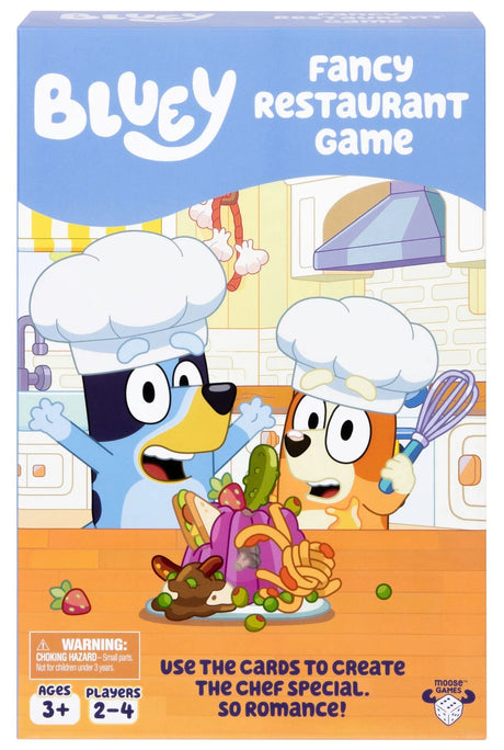 Box of 'Bluey Fancy Restaurant Game' with cartoon characters in chef hats.